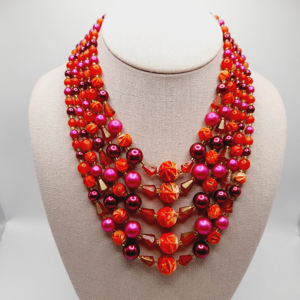 Vintage Japan 1950s 5 Strand Red Pink Beaded Necklace 17” Signed Hook